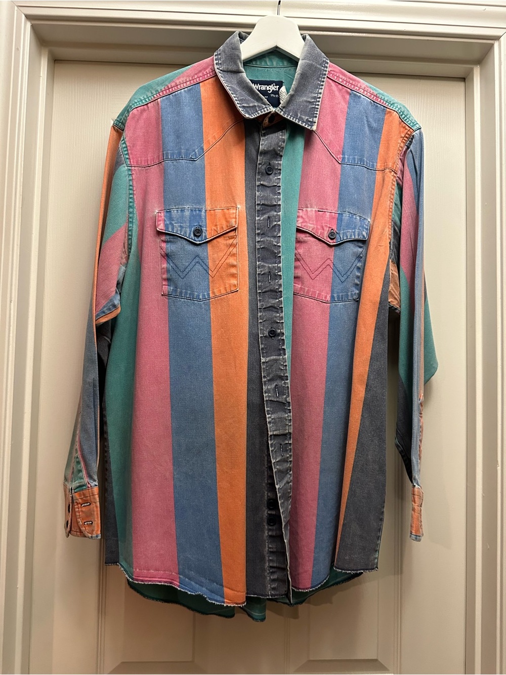 Vintage Wrangler Brushpopper Western Shirt XL Pink Teal Orange Made in USA